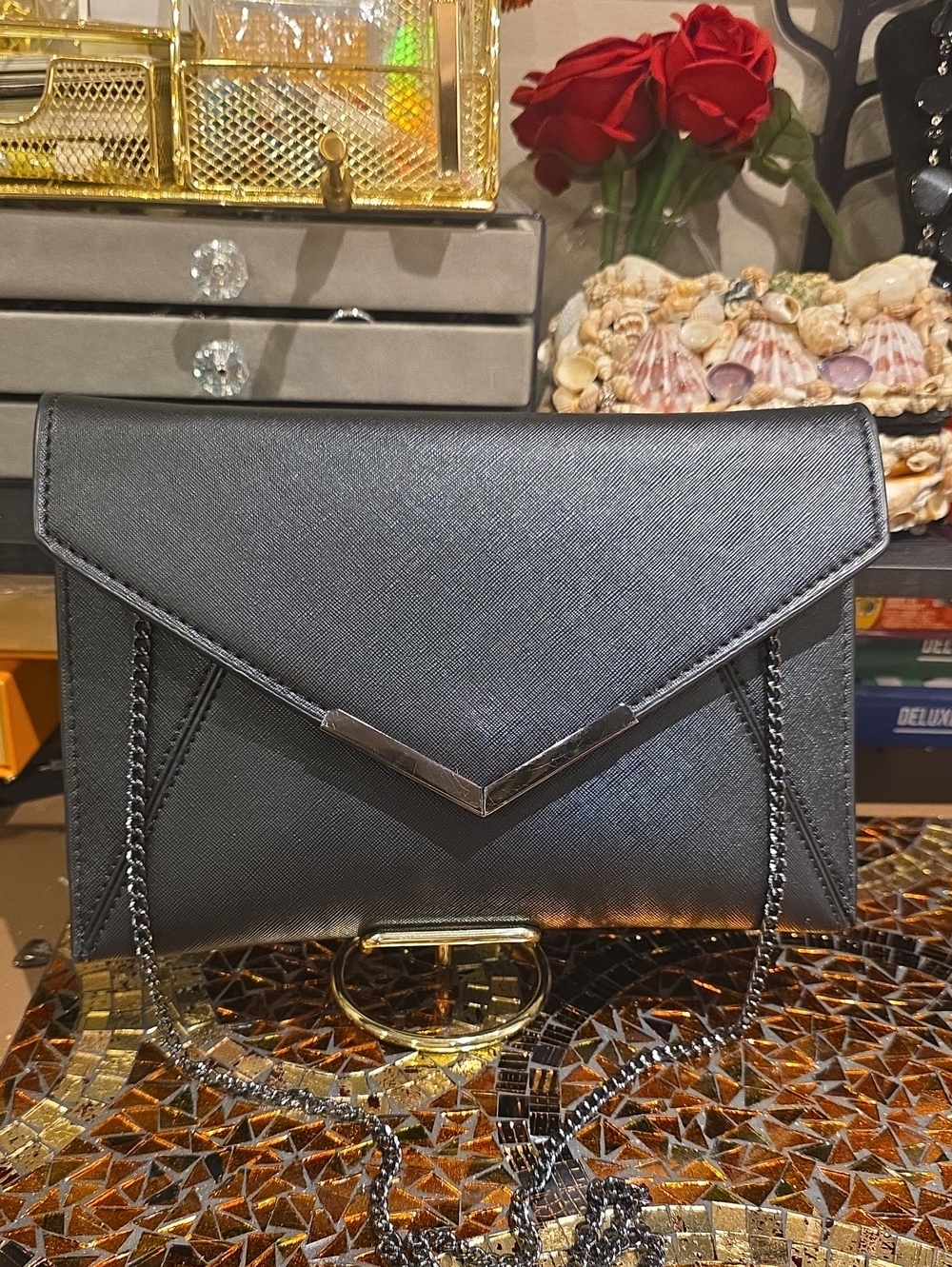 Black Envelope Wristlet Clutch with Gunmetal Accent